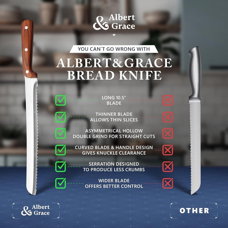 Albert&Grace 10.5-Inch Ultra Sharp Serrated Bread Slicer Knife Less Crumbs Knife for Homemade Bread, Bagels, Sourdough, and Soft Produce - Image 5